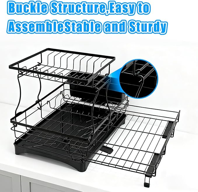 Extendable 2 Tier Stainless Steel Dish Drying Rack | Large Over-The-Sink Rust-Resistant Rack | High Capacity with Utensil Holder | Efficient Kitchen Counter Organization & Space Saving