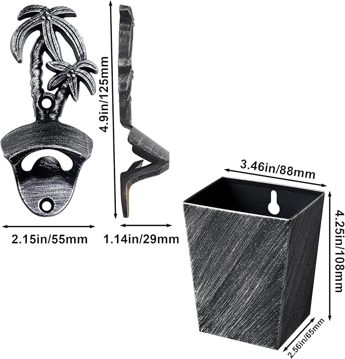 Rustic Palm Tree Bottle Top Opener Wall Mounted Bottle Opener with Cap Catcher Drained for Beach Gifts (Aged Silver)