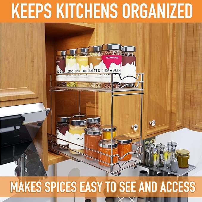 BBV Spice Rack Organizer, Double layer Seasoning Organizer for Cabinet Countertop, Kitchen, Pantry, Sliding Metal Chrome Spice Organization (5 inch)
