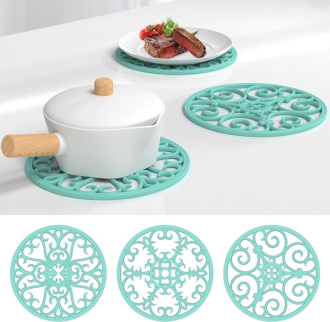 Silicone Trivets for Hot Dishes and Pans, Non Slip Heat Resistant Hot Pads for Kitchen, Pot Holders and Teapot Coasters (Teal)