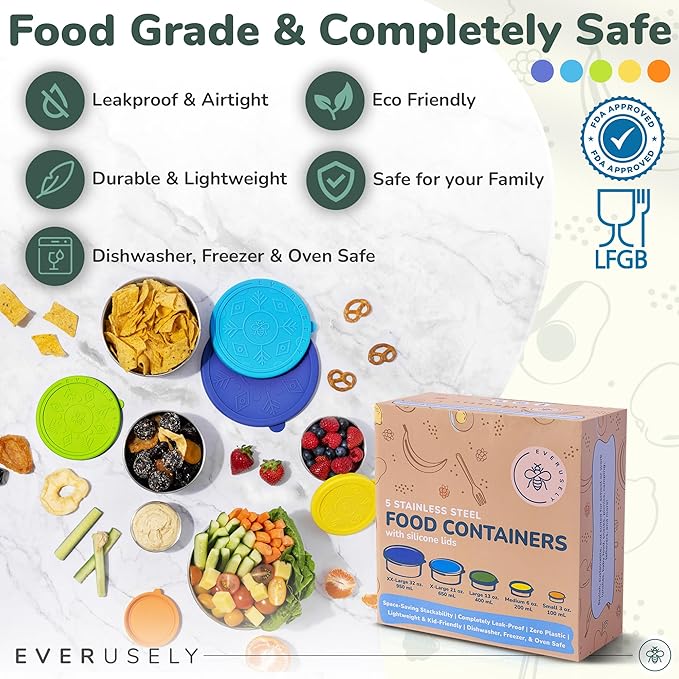 Everusely - Stainless Steel Containers with Lids - Set of 5, Summer Collection - Leakproof Stainless Steel Food Containers - Nesting Snack Holders - Metal Lunch Box - Portable & Reusable Meal Kit