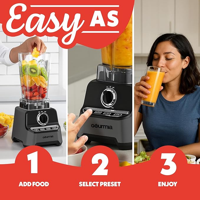 Gourmia Countertop Commercial Blender – 2L BPA-Free Pitcher, 4 Presets, 1500W High-Speed Motor, 45,000 RPM, Variable Speed Dial, Built-In Tamper, Dishwasher-Safe Parts, Black