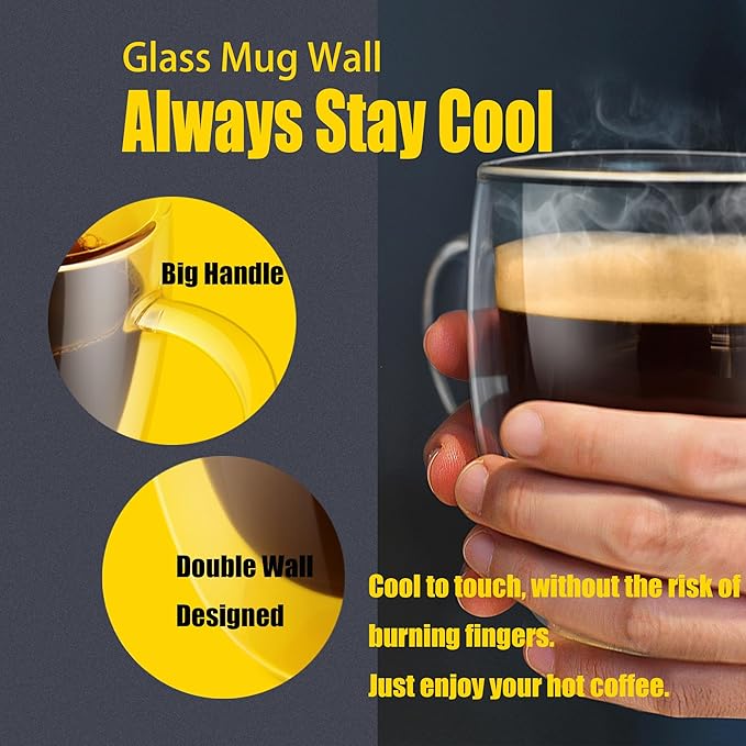 PunPun Coffee Cups Clear12.9OZ. 380ml Coffee Mugs, Espresso Cups,Double Wall Milk Cup with Big Handle,Perfect Mug for Hot Beverages, Latte, Cappuccinos Set of 2