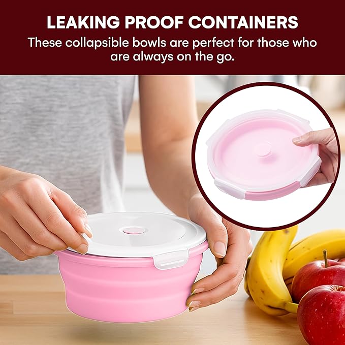 Vdomus Collapsible Food Storage Containers - Leak Proof, Microwave Safe - 40.5oz/1.2L Airtight Silicone Food Containers - Meal Prep Collapsible Bowls with Lids - Set of 3 - Pink