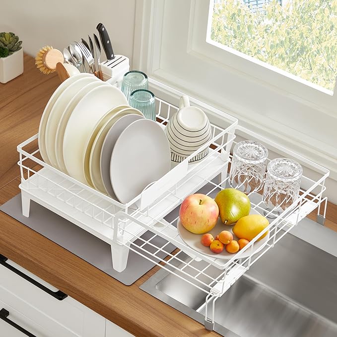 SONGMICS Dish Drying Rack, Kitchen Dish Rack, with Drainboard, 360° Rotatable and Extendable Spout, with Cutlery Holder, 12.2-22 x 16.5 x 7.9 Inches, Matte White and Dove Gray UKCS552W01