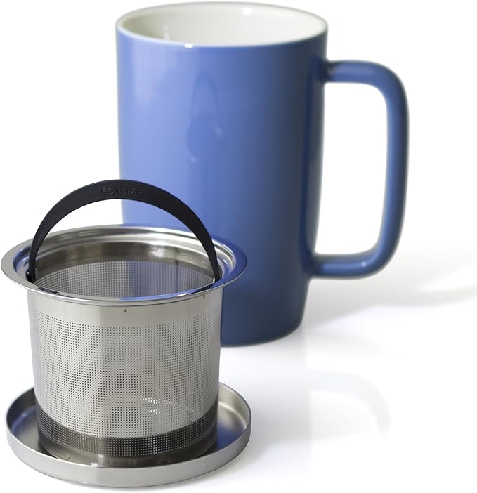FORLIFE Dew Glossy Finish Brew-In-Mug with Basket Infuser & "Mirror" Stainless Lid 18 oz., Blue