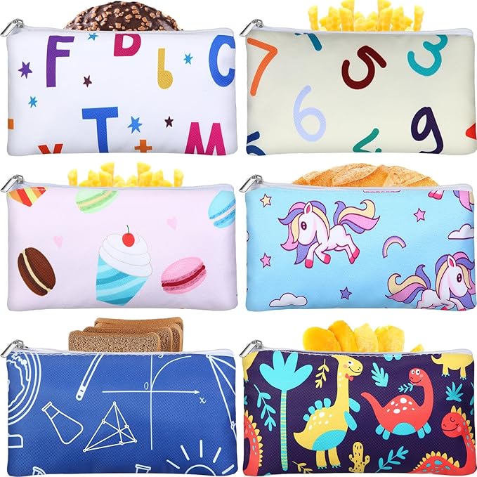 Chumia 6 Pcs Reusable Snack Bags Christmas Gifts Food Safety Washable Snack Bags Lunch with Zipper Portable Sandwich Bag Food Storage Pouch Double Layer(Unicorn,6.9 x 3.7 Inches)