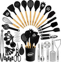 Kaluns 50 PCS Silicone Kitchen Utensils Set Complete Kitchen Set - 800°F Heat Resistant Non-Stick Premium Cooking Utensils W Wooden Handles - Can Opener, Masher, Turner, Silicone Spatula Set