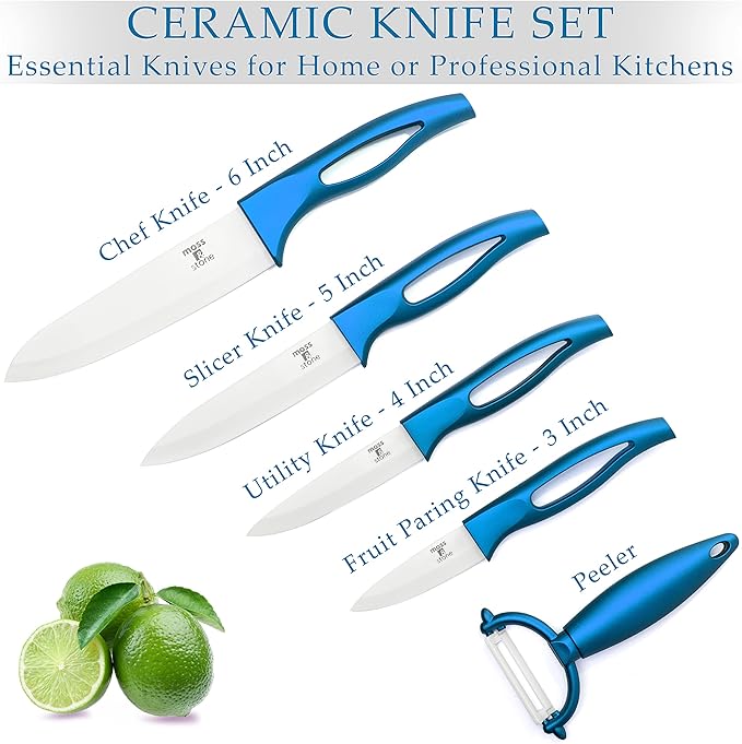 Moss & Stone Kitchen Cutlery White Ceramic Knife Set, Ceramic Knife Set and Fruit Peeler, Rust Proof & Stain Resistant, Kitchen Cooking Knife Set 5 pieces Blue Knives