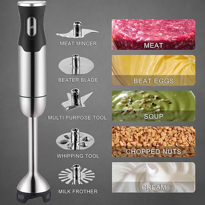 BergHOFF X5 Pro Stainless Steel Handheld Food Processor With 5 Multifunctional Blades, 1000W, 18000 RPM, 13ft Expandable, Low Noise, 16-Speed Control, Lightweight