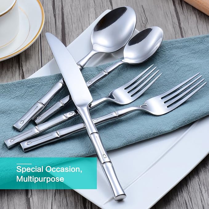 Silverware Set Stainless Steel Flatware Set 40 Pieces Cutlery Set Bamboo Handle Mirror Finished for Home Kitchen Restaurant Hotel Cutlery Set Service for 8