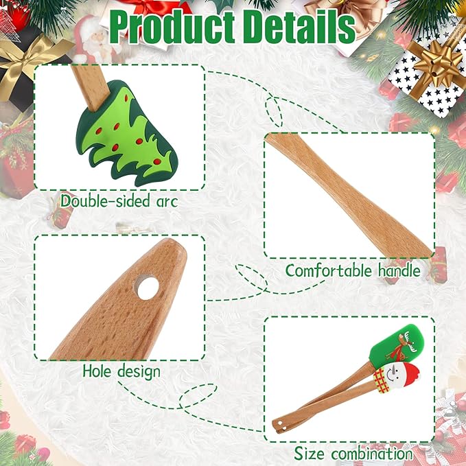 Patelai 6 Pcs Christmas Silicone Spatulas, Christmas Kitchen Utensils Holiday Baking Supplies, Xmas Cake Spatulas with Wooden Handle, Cute Pan Scraper Xmas Dish Scraper Cooking for Kitchen Mixing