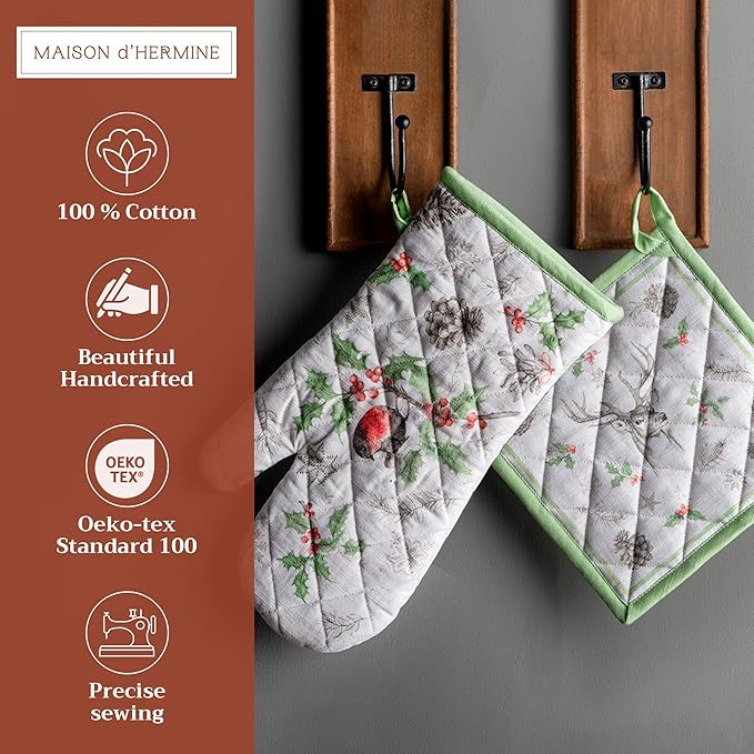Maison d' Hermine 100% Cotton Oven Mitt & Pot Holder Set (7.5"x13" & 8"x8") Heat Resistant BBQ Cooking Gloves with Loop for Thanksgiving Christmas Decorations Handling Hot Pans (Christmas Dew)