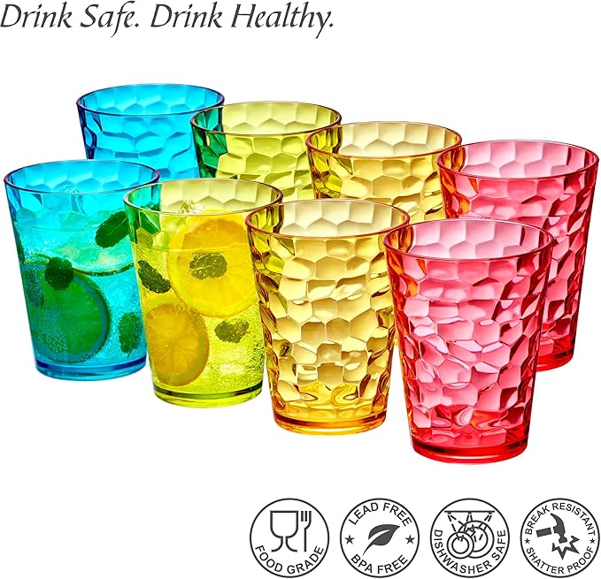 Amazing Abby - Iceberg 16-Ounce Plastic Tumblers (Set of 8), Drinking Glasses, Mixed-Color Reusable Cups, Stackable, BPA-Free, Shatter-Proof, Dishwasher-Safe