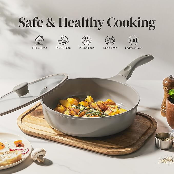 Redchef Ceramic Coated Nonstick Frying Pan with Cover, Large Deep Saute Pan Skillet, Induction Ready, Dishwasher Safe, PFOA PFOS Free, Non Toxic, Glass Lid Large Deep Frying Pan, Grey (5.5Qt, 12")