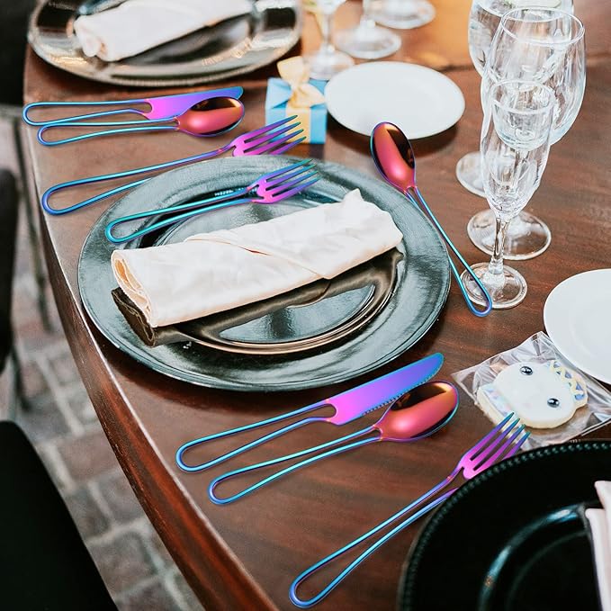 A·HOUSEWARE Iridescent Silverware Hollow Design 20 Piece Stainless Steel Flatware Set of 4 include Forks Spoons Knives Rainbow Utensils Color for Restaurant Parties Durable