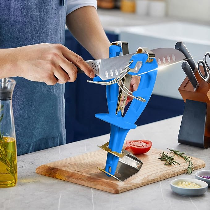 Stainless Steel Knife Sharpener Tool with Bracket, Maintenance Sharpening Tool for Kitchen Abattoirs Knives Helps Repair Sharpens, Hones, Polishes Blades (Blue)