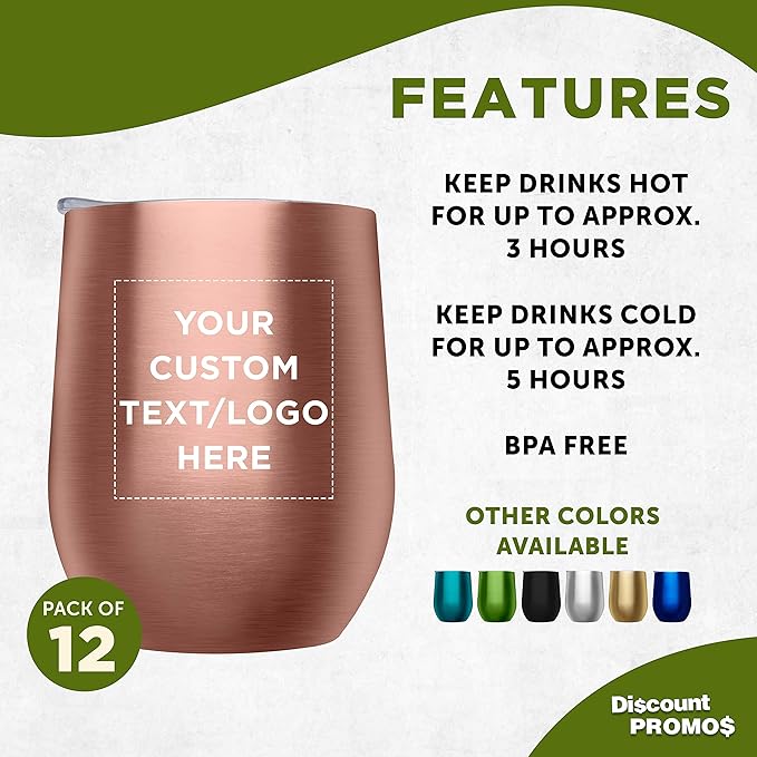 Custom Stemless Wine Glass Tumblers with Lids by Largo 11 oz. Set of 12, Personalized Bulk Pack - Perfect for Wine, Cocktails, Other Hot & Cold Beverages - Rose Gold