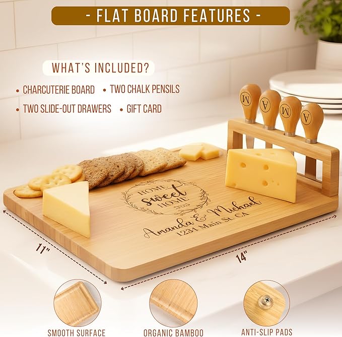 Personalized Bamboo Charcuterie Board Set with Fruit Tray - House Warming Gifts New Home, Gift for Couple, Wedding, Christmas, Anniversary, Housewarming, Bridal Shower Gift