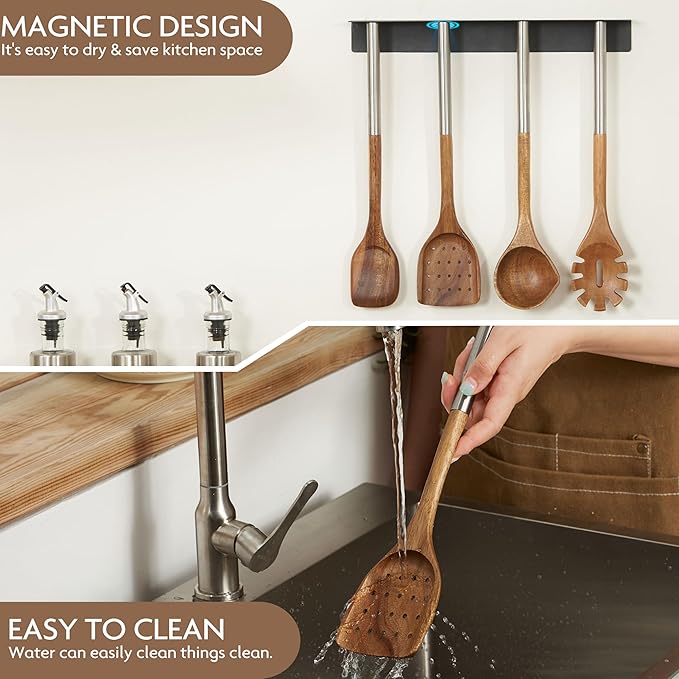 4 PCS Acacia Wood Cooking Utensils Set with Magnetic Hanging Handles Stainless Steel, Heat-Resistant Multi Function Cooking Tools