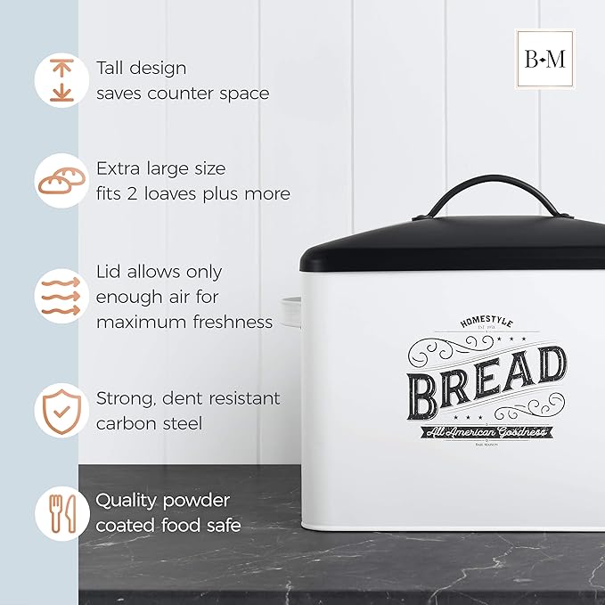 Extra Large White Farmhouse Bread Box for Kitchen Countertop - Breadbox Holder Fits 2+ Loaves - Bread Storage Container Bin - Rustic Bread Keeper Vintage Metal Kitchen Decor for Counter (Black Lid)