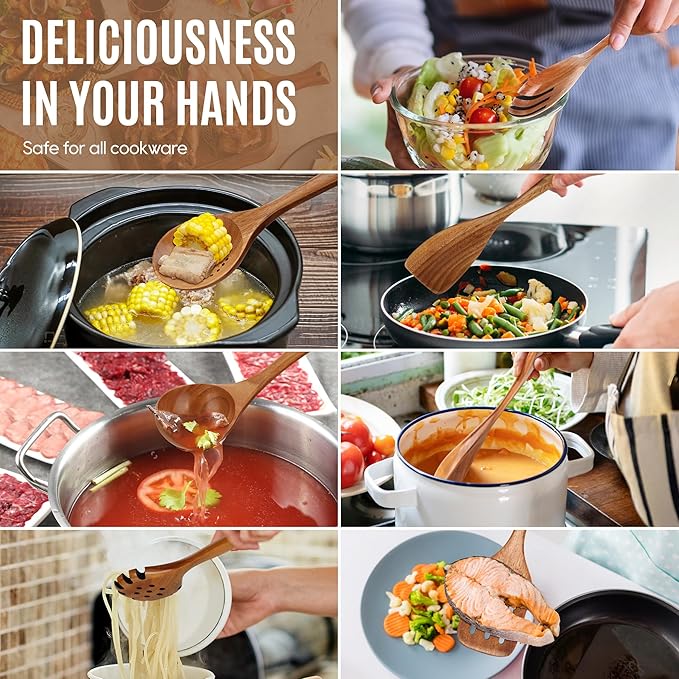 7 PCS Wooden Spoons for Cooking Natural Teak Kitchen Utensils Smooth Non-Stick Surface Cooking Utensils Set Soft Comfort-Grip Wooden Utensils for Cooking