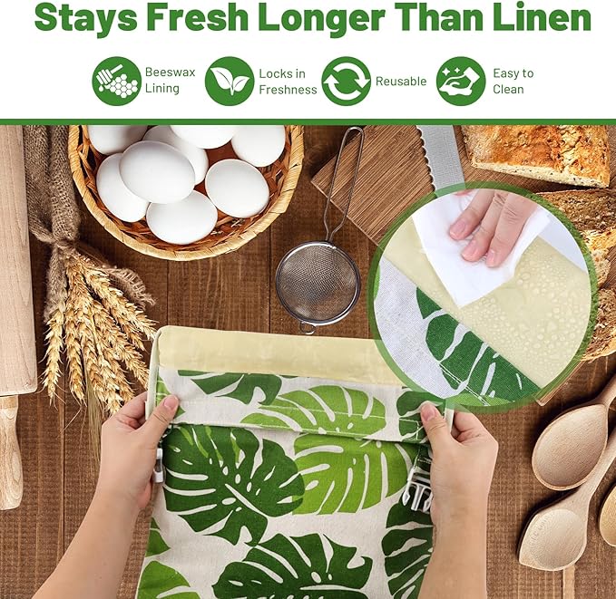 1PCS Reusable Beeswax Food Wraps Breads Bags for Homemade Bread Loaf, Organic Cotton XL Sourdough Beeswax Bread Bag Supplies Sandwich Wrapper, Sustainable, Fresh Keeping, Food Storage Containers