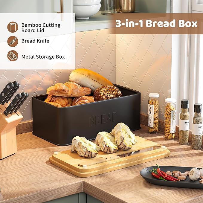 FILWH Metal Bread Box with Bamboo Cutting Board Lid, Bread Box with Bread Knife for Kitchen Countertop Countertop Storage for Homemade Bread, Bagels & Muffins (Black, M)