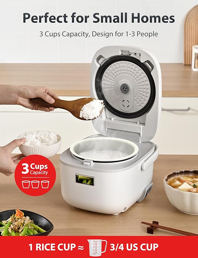 Toshiba Mini Rice Cooker, 3 Cups Uncooked Small Rice Cooker, Steamer & Warmer, With Fuzzy Logic And One-Touch Cooking, 24 Hour Delay Timer And Auto Keep Warm Feature, White
