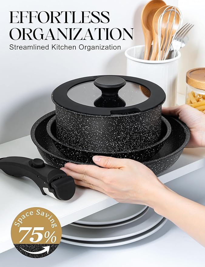 MICHELANGELO Pots and Pans Set Detachable Handle, 5 Piece Nonstick Kitchen Cookware Sets, Stackable Pots and Pans Set with Removable Handle, Oven Safe - 5Pcs, Black