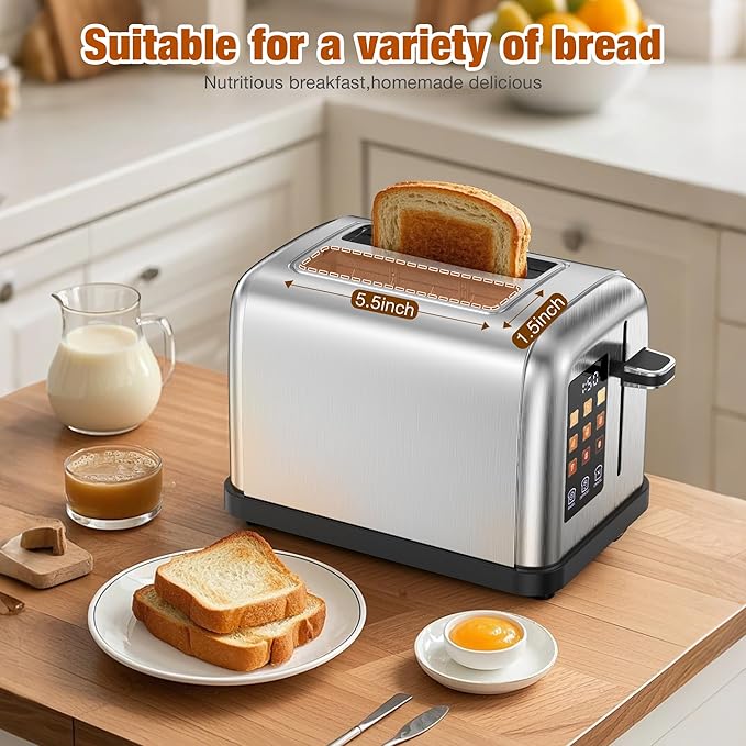 Touch Screen Toaster 2 Slice Stainless Steel Toaster with Digital Countdown Wide Slot LCD Display 2 Slice Toasters Smart Toasters 9 Shade Settings with Defrost/Bagel/Cancel Function