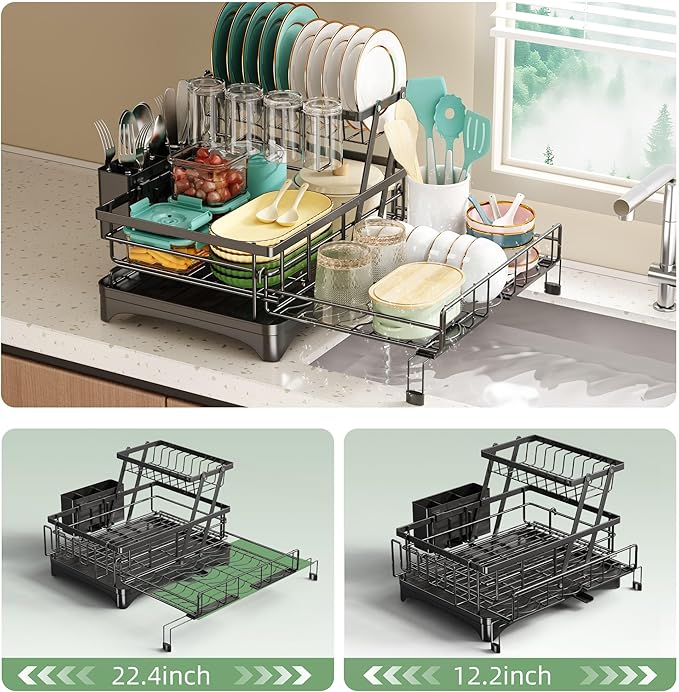 NETEL 2 Tier Dish Rack, Extendable Dish Drying Rack, Dish Drainer for Kitchen Counter, Dish Strainer with Utensil Holder & Cup Holder, Over The Sink Dish Drying Rack with Automatic Drainage System