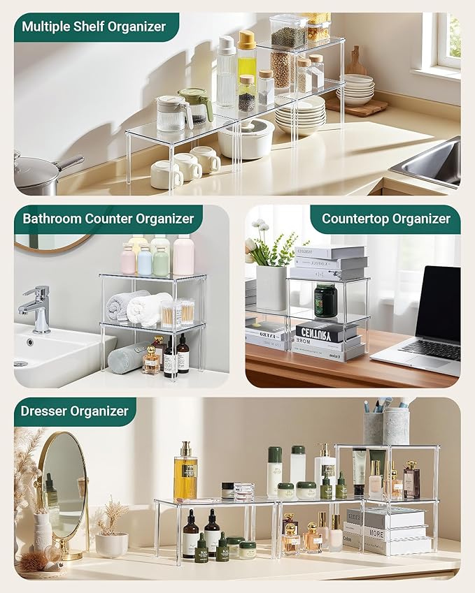 Acrylic Cabinet Organizer, Set of 2 Shelf Organizer, Spice Rack Organizer for Cabinet, Desk Countertop Organizer, Stackable Shelves for Pantry Kitchen Storage and Organization