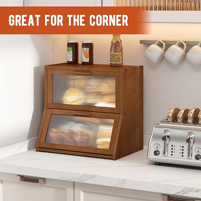 GHWIE Double Layer Bamboo Bread Box for Kitchen Counter,Large Capacity Bread Storage Bin,Bread Container with Acrylic Wavy Door Panel (Brown, Extra Large)