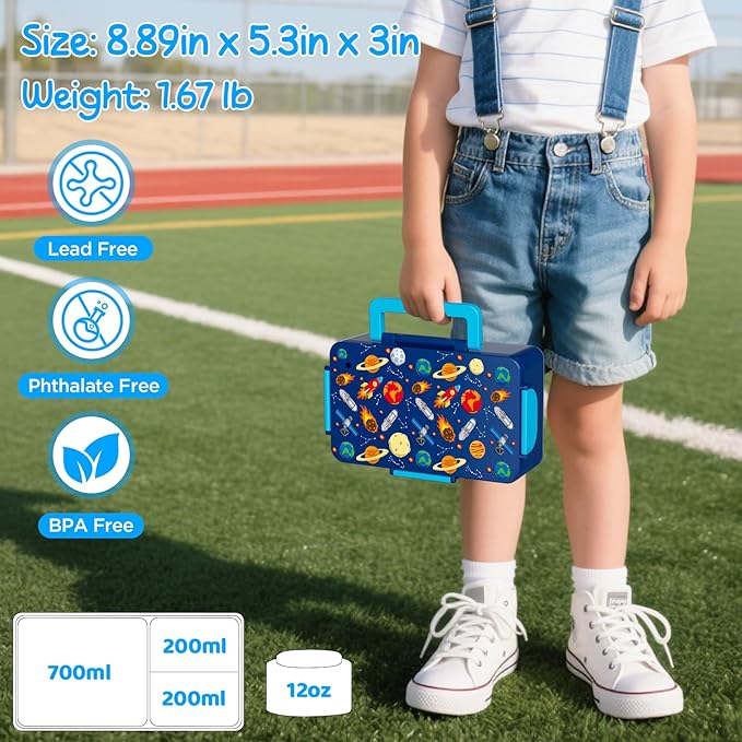 SHPMXUPW Kids Bento Lunch Box – 12 oz Stainless‑Steel Soup Thermo & 3‑Compartment Leak‑Proof Food Container with Built‑In Ice Pack, Insulated Food Jar for Boys & Girls, School & Travel