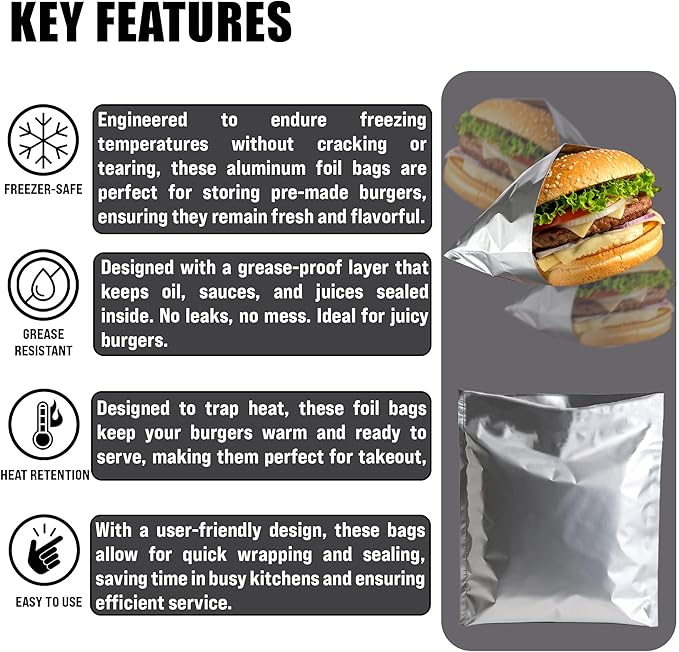 100 Pack Aluminum Foil Hamburger Bags – Grease-Resistant Burger Wrappers for Hot Sandwiches, Paninis, BBQ, Pretzels & More – BPA-Free, Disposable Takeout Food Sleeves by C&S Event Supply Co.