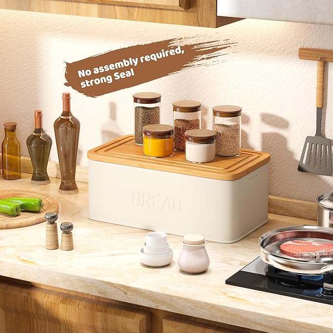 FILWH Metal Bread Box with Bamboo Cutting Board Lid, Bread Box with Bread Knife for Kitchen Countertop Countertop Storage for Homemade Bread, Bagels & Muffins (White, M)