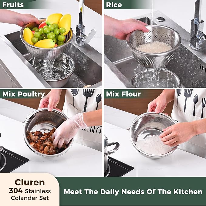 Colander and Bowl Set 5.0QT (2-in-1) - Thickened 304 Stainless Steel Kitchen Strainer Bowl for Fruit, Pasta, Vegetables, Rice - Heavy Duty, Induction Cooker & Dishwasher Safe