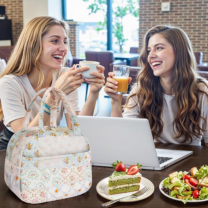 Quilted Lunch Box for Women,Cute Coloful Patchwork Lunch Bags for Work, School,Office,Picnic,Travel (coloful floral)