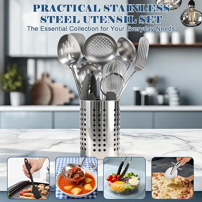 BEWOS Cooking Utensils Set 15 Piece - Stainless Steel Kitchen Utensils Set, Kitchen Tools Set with Spatula and Holder, Non-Toxic, Dishwasher Safe & Heat Resistant