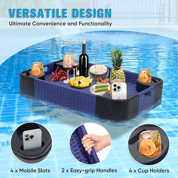 COOS BAY 35''x24'' Rectangular Floating Drink Holder for Pool and Hot Hub, Large Floating Serving Tray with Handles, Wicker Floating Pool Tray for Food and Drinks, Blue