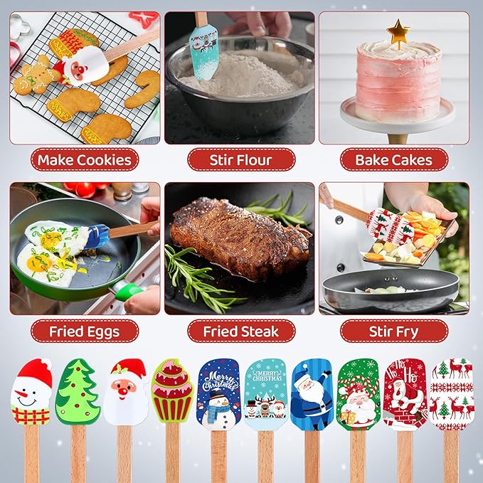 Nitial 10-Piece Christmas Silicone Spatula Gift Set with Wooden Handle Santa Spatula for Kitchen & Baking, Includes Cards for Women - Vintage Color