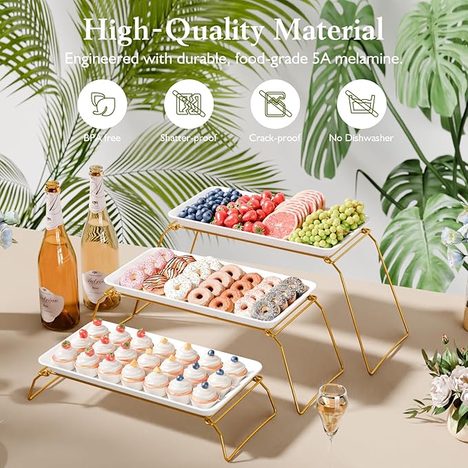 Extra Large 3-Tier Melamine Serving Tray Set and Cupcake Stand for Party Events, 17" Platters with Tiered Stand, Holds 63 Cupcakes, Food, Dessert, and Fruit, 24K Gold-Plated