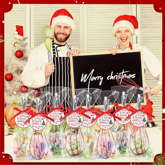 48 Sets 12 Inch Christmas Whisks Gifts DIY Fillable Christmas Tree Ornaments Xmas Colored Silicone Whisks for Cooking Heat Resistant Egg Beaters with Card Rope Bag for Candy Holder
