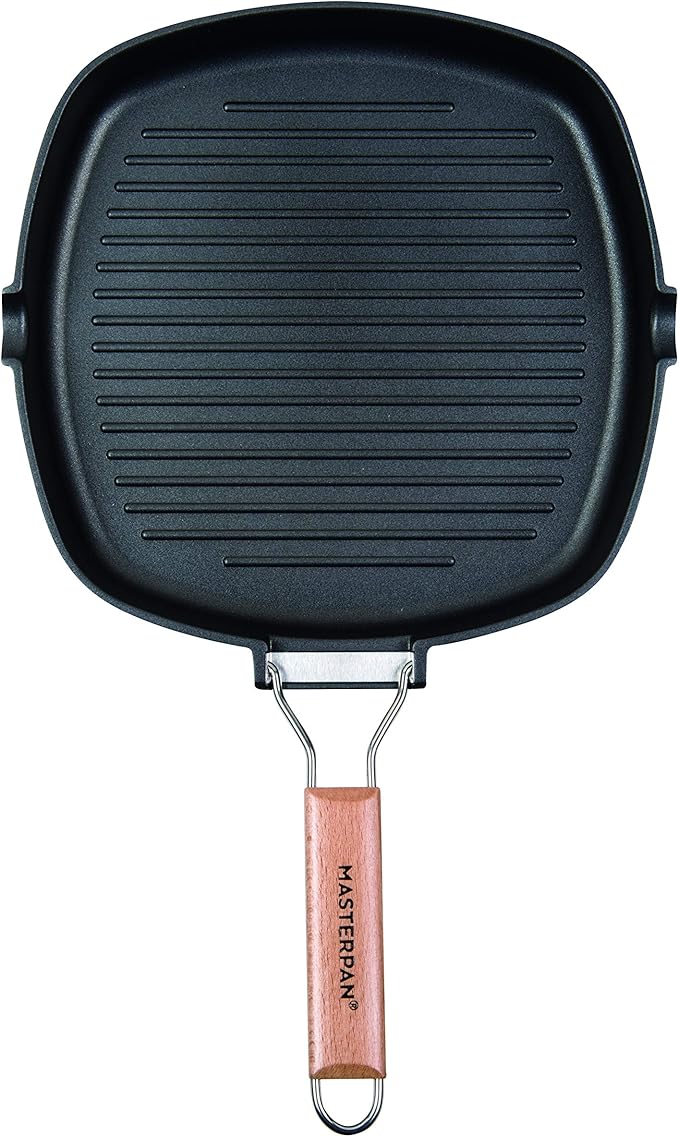 MasterPan Non-Stick Grill Pan with Folding Wooden Handle, 8", Black and Brown