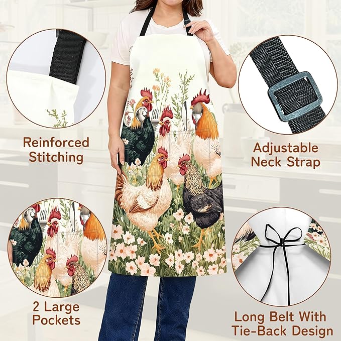 Kitchen Apron with Pocket,Waterproof Adjustable Neck and Long Ties, Cooking Baking Gardening Painting Apron for Women
