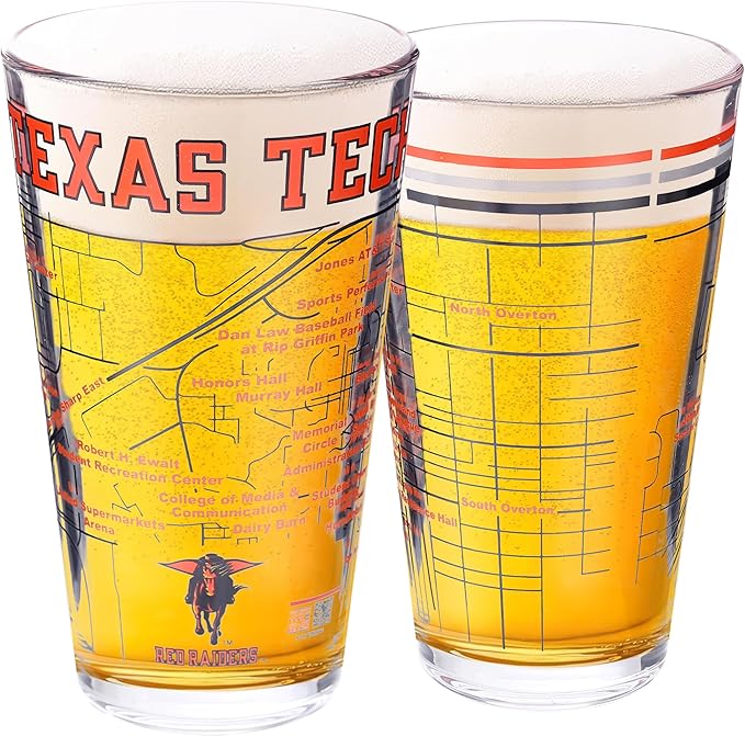 Greenline Goods – Texas Tech University Red Raiders College Pint Beer Glasses (Set of 2), 16 oz – Full-Color Logo + Campus Map