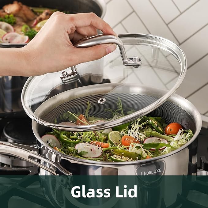 DELUXE Hybrid Ceramic Nonstick 3-Quart Saucepan with Tempered Glass Lid, Stainless Steel Pot with Stay-Cool Handle, Dishwasher Oven Safe, Induction Ready, PFOA Free Compatible with All Cooktops