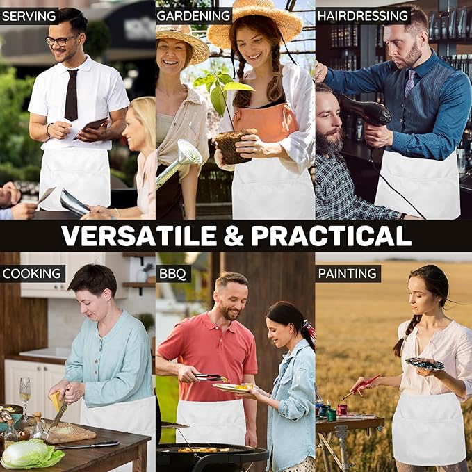 3 Pack Waist Apron with 3 Pockets, Unisex Black Waiter Aprons, Water Resistant Server Aprons for Restaurant Chef Bar