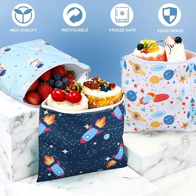 Chumia 6 Pcs Reusable Snack Bags Christmas Gifts Food Safety Washable Snack Bags Lunch with Zipper Portable Sandwich Bag Food Storage Pouch Double Layer(Astronaut,7 x 7 Inches)